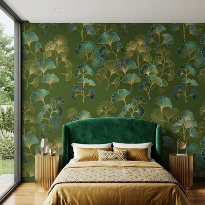 Ginkgo Leaf Art Deco Wallpaper Green Gold Floral Wall Mural, Vintage Luxury Home Decor, Removable Peel and Stick Wall Art
