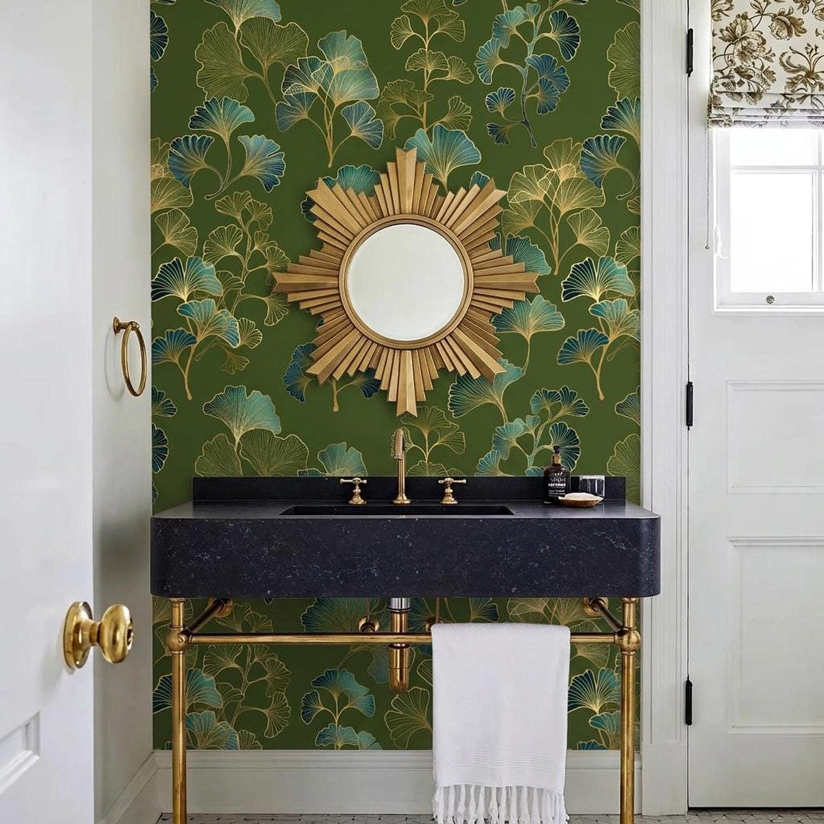 Ginkgo Leaf Art Deco Wallpaper Green Gold Floral Wall Mural, Vintage Luxury Home Decor, Removable Peel and Stick Wall Art