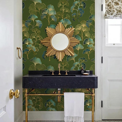 Ginkgo Leaf Art Deco Wallpaper Green Gold Floral Wall Mural, Vintage Luxury Home Decor, Removable Peel and Stick Wall Art
