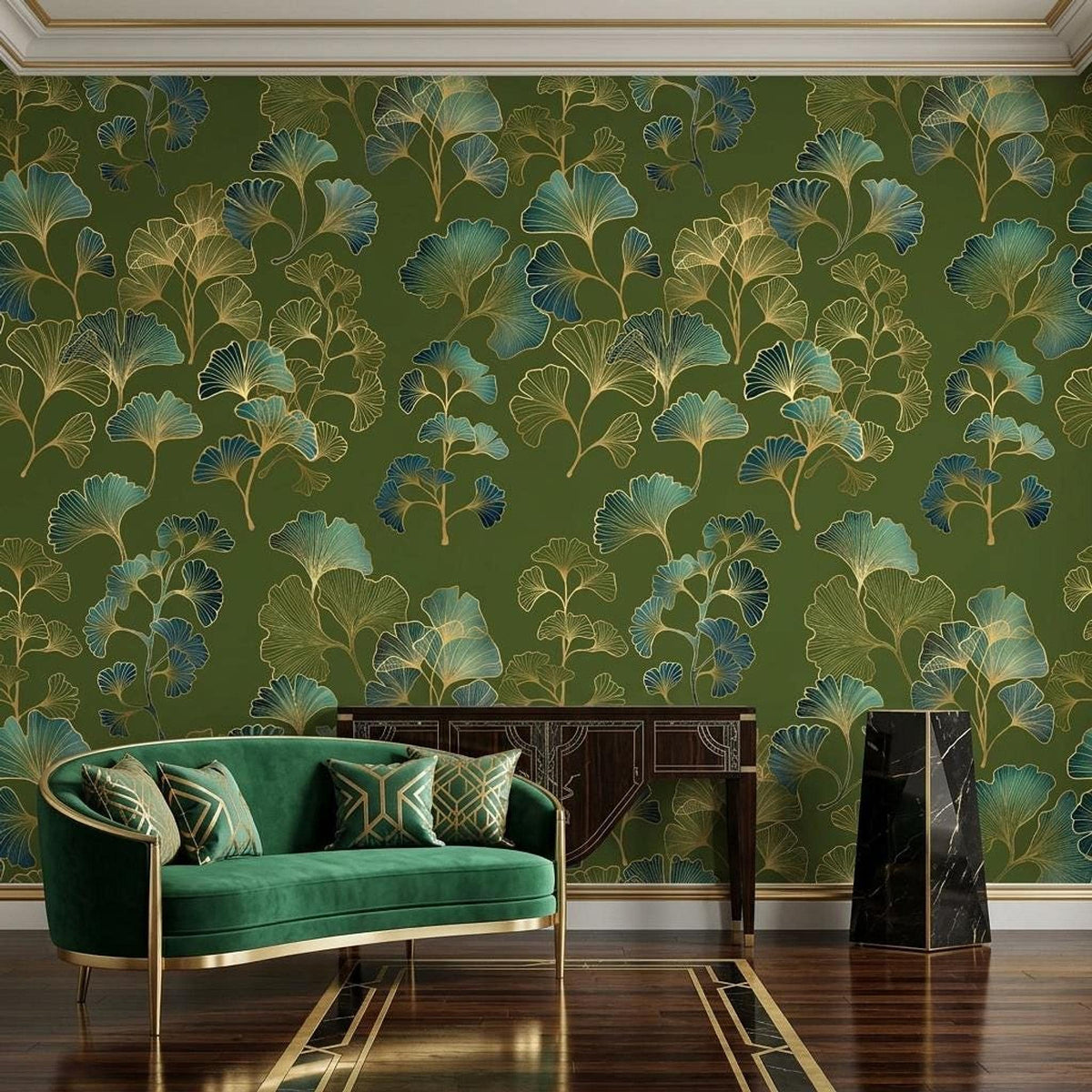 Ginkgo Leaf Art Deco Wallpaper Green Gold Floral Wall Mural, Vintage Luxury Home Decor, Removable Peel and Stick Wall Art