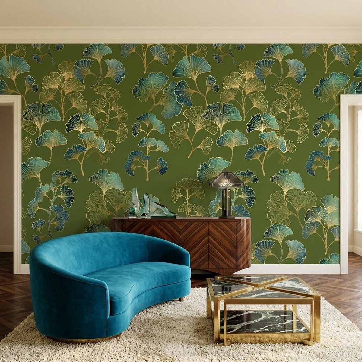 Ginkgo Leaf Art Deco Wallpaper Green Gold Floral Wall Mural, Vintage Luxury Home Decor, Removable Peel and Stick Wall Art