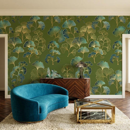 Ginkgo Leaf Art Deco Wallpaper Green Gold Floral Wall Mural, Vintage Luxury Home Decor, Removable Peel and Stick Wall Art