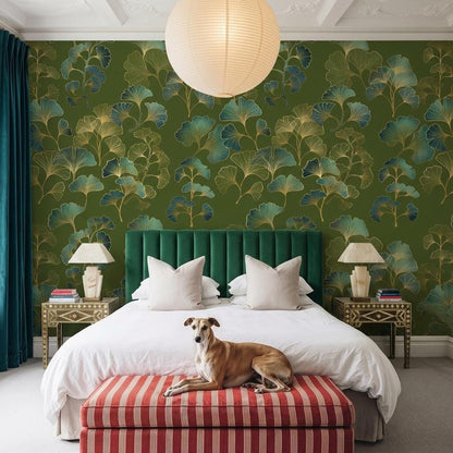 Ginkgo Leaf Art Deco Wallpaper Green Gold Floral Wall Mural, Vintage Luxury Home Decor, Removable Peel and Stick Wall Art
