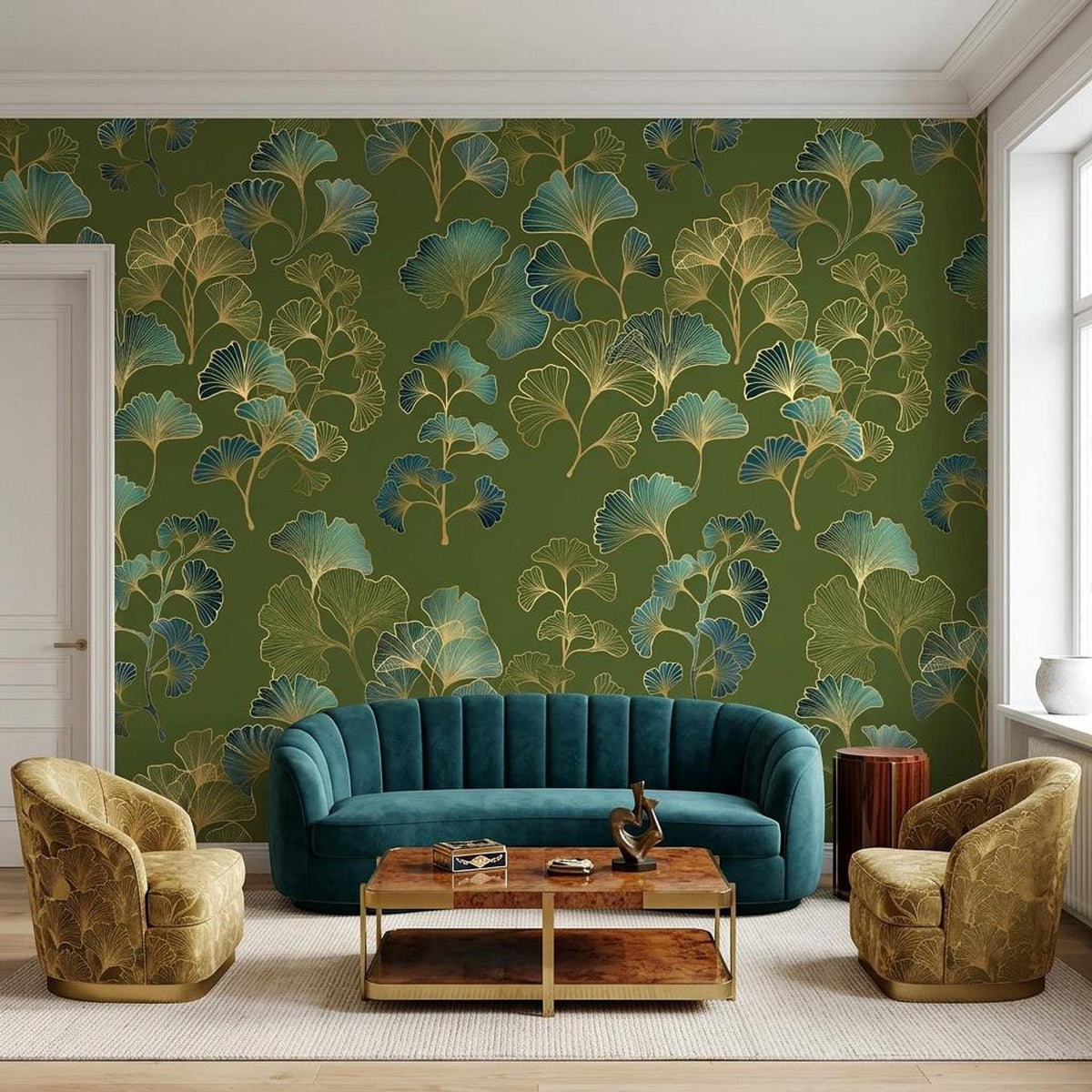 Ginkgo Leaf Art Deco Wallpaper Green Gold Floral Wall Mural, Vintage Luxury Home Decor, Removable Peel and Stick Wall Art