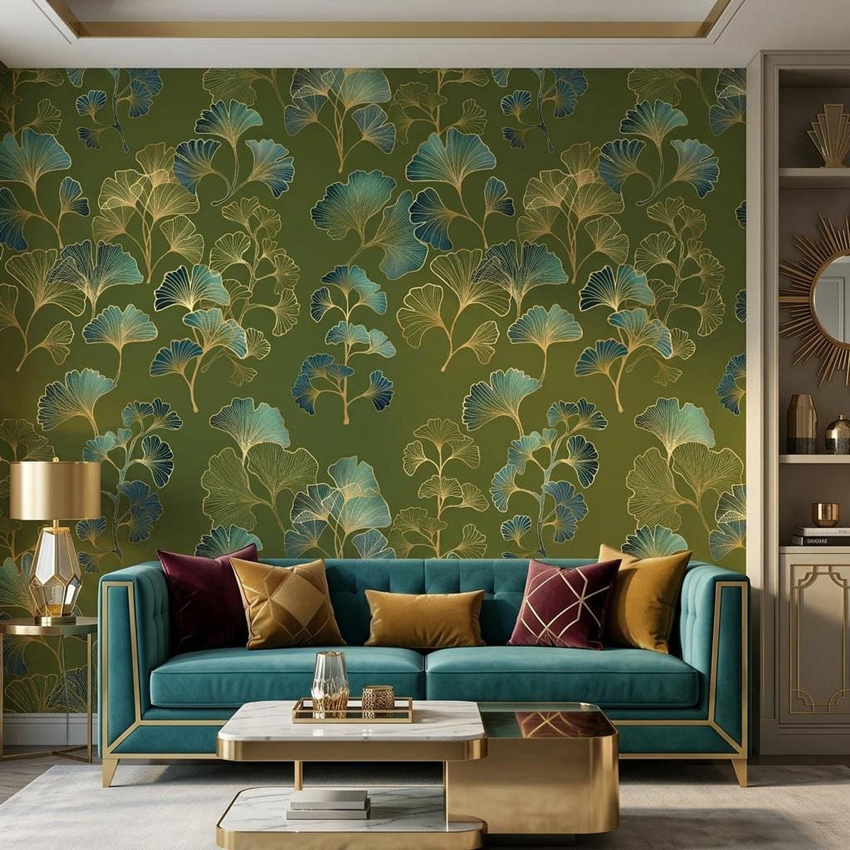 Ginkgo Leaf Art Deco Wallpaper Green Gold Floral Wall Mural, Vintage Luxury Home Decor, Removable Peel and Stick Wall Art