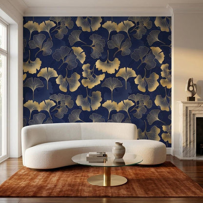 Gold Ginkgo Leaf Art Deco Wallpaper, Navy Botanical Wall Mural, Mid Century Modern Home Decor, Elegant Floral Peel and Stick Wall Art
