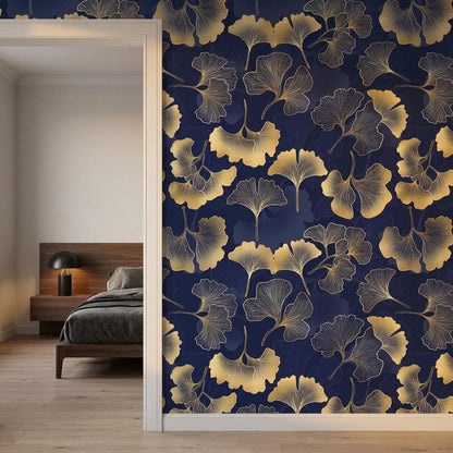 Gold Ginkgo Leaf Art Deco Wallpaper, Navy Botanical Wall Mural, Mid Century Modern Home Decor, Elegant Floral Peel and Stick Wall Art
