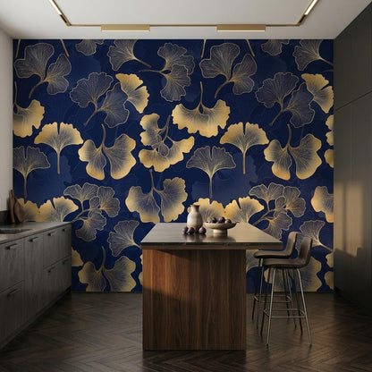 Gold Ginkgo Leaf Art Deco Wallpaper, Navy Botanical Wall Mural, Mid Century Modern Home Decor, Elegant Floral Peel and Stick Wall Art