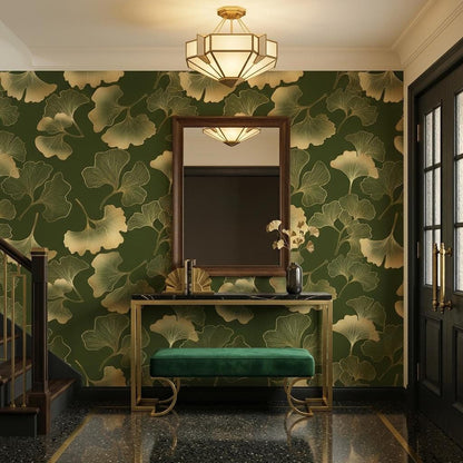 Gold Ginkgo Leaf Art Deco Wallpaper, Dark Forest Green Botanical Mural, Luxury Nature Accent Wall