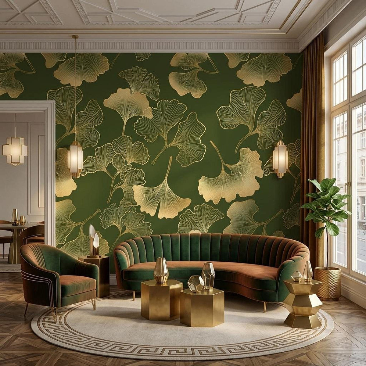 Gold Ginkgo Leaf Art Deco Wallpaper, Dark Forest Green Botanical Mural, Luxury Nature Accent Wall