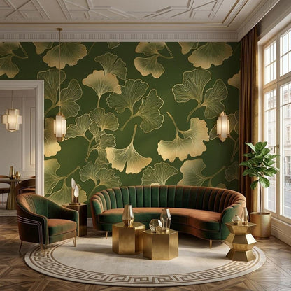 Gold Ginkgo Leaf Art Deco Wallpaper, Dark Forest Green Botanical Mural, Luxury Nature Accent Wall