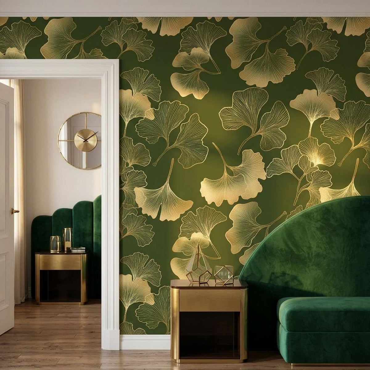 Gold Ginkgo Leaf Art Deco Wallpaper, Dark Forest Green Botanical Mural, Luxury Nature Accent Wall