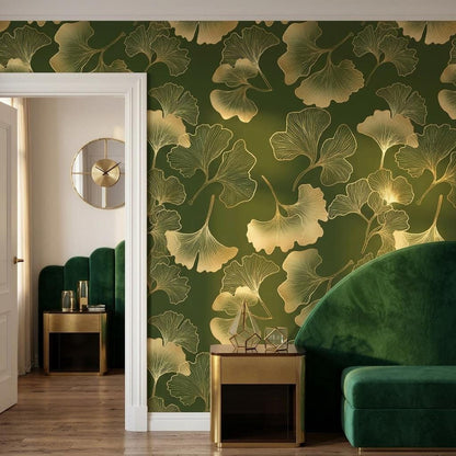Gold Ginkgo Leaf Art Deco Wallpaper, Dark Forest Green Botanical Mural, Luxury Nature Accent Wall