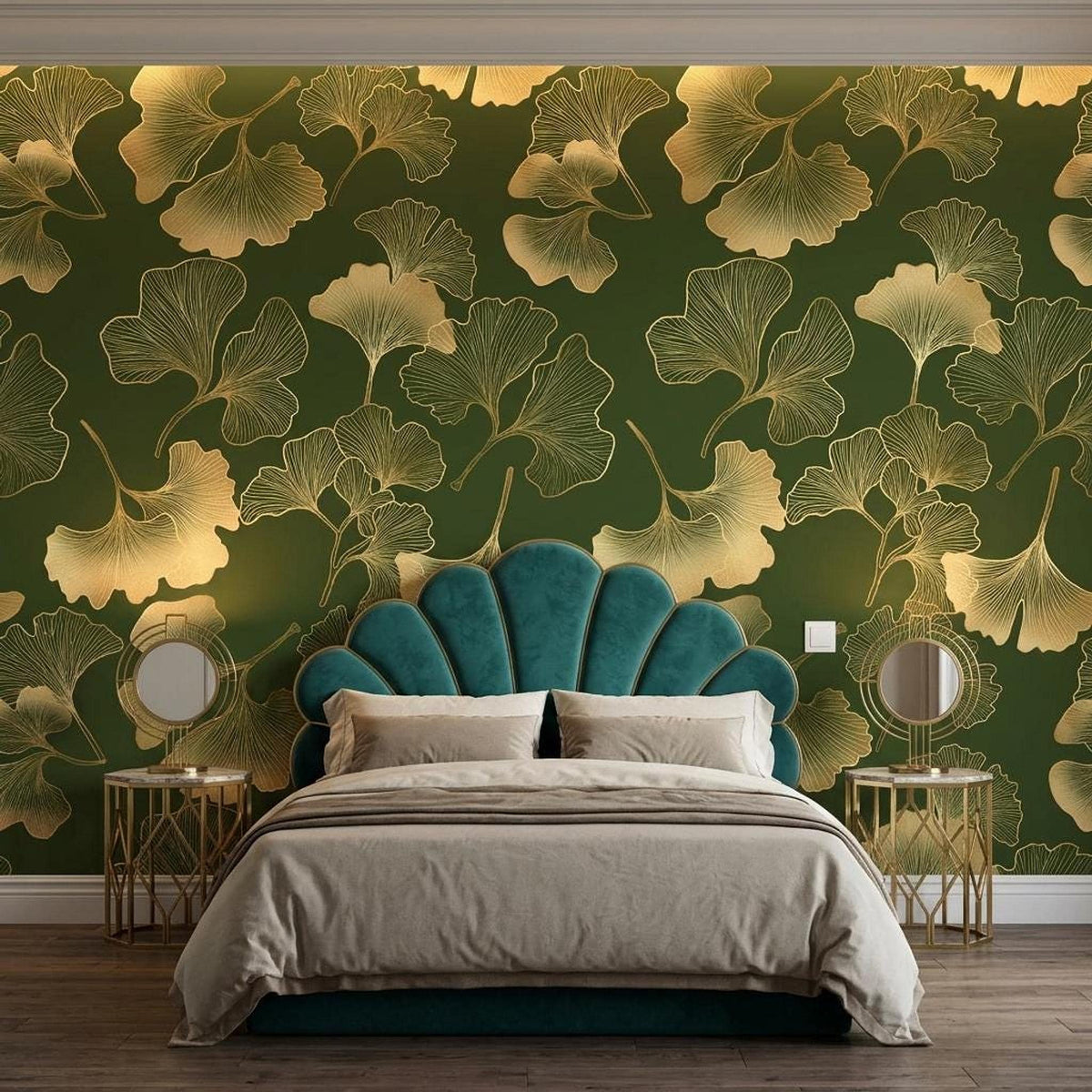 Gold Ginkgo Leaf Art Deco Wallpaper, Dark Forest Green Botanical Mural, Luxury Nature Accent Wall