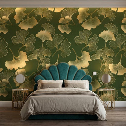 Gold Ginkgo Leaf Art Deco Wallpaper, Dark Forest Green Botanical Mural, Luxury Nature Accent Wall