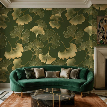 Gold Ginkgo Leaf Art Deco Wallpaper, Dark Forest Green Botanical Mural, Luxury Nature Accent Wall