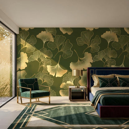 Gold Ginkgo Leaf Art Deco Wallpaper, Dark Forest Green Botanical Mural, Luxury Nature Accent Wall