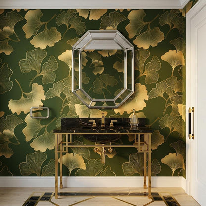 Gold Ginkgo Leaf Art Deco Wallpaper, Dark Forest Green Botanical Mural, Luxury Nature Accent Wall