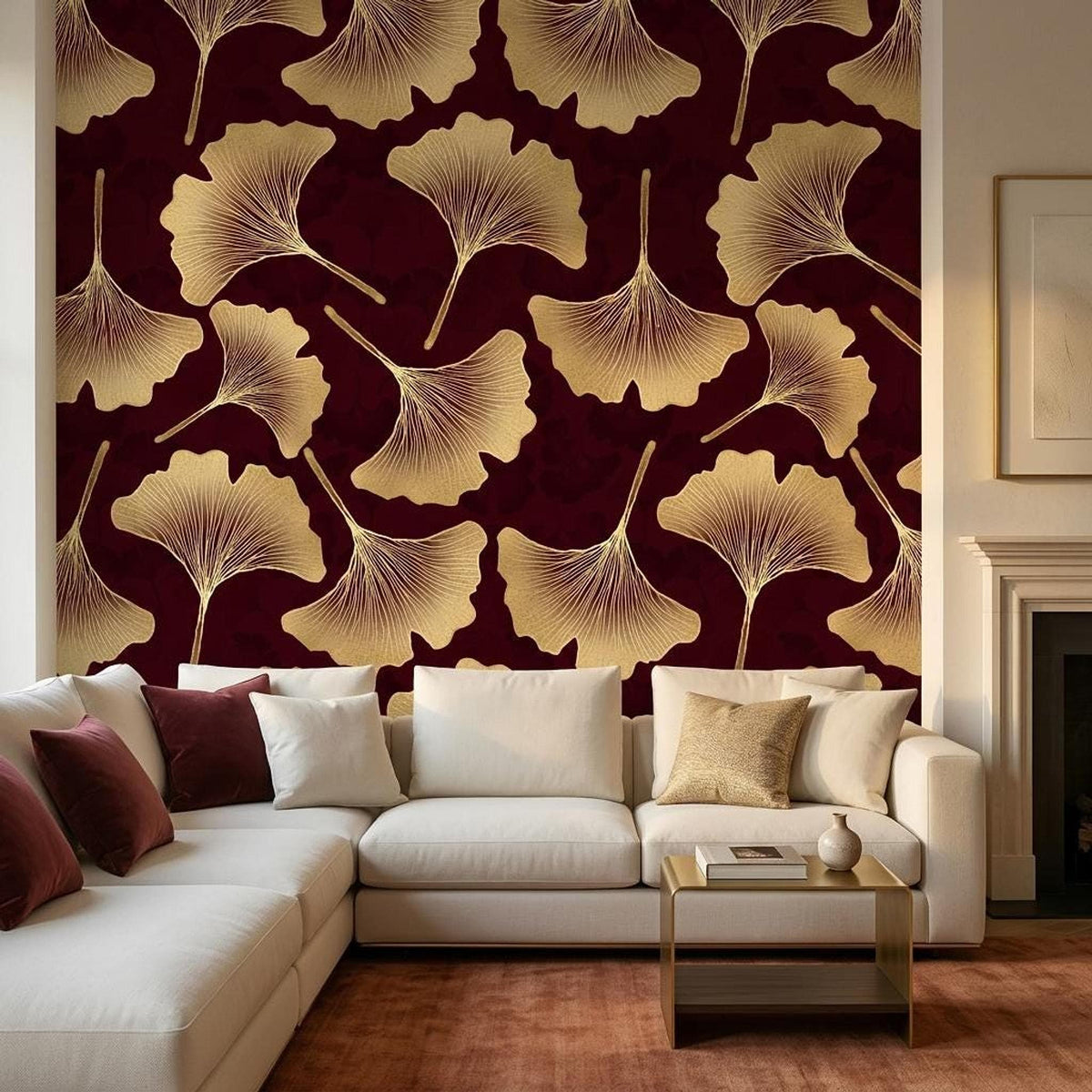 Art Deco Ginkgo Leaf Wallpaper, Burgundy Gold Botanical Mural (Custom Size)