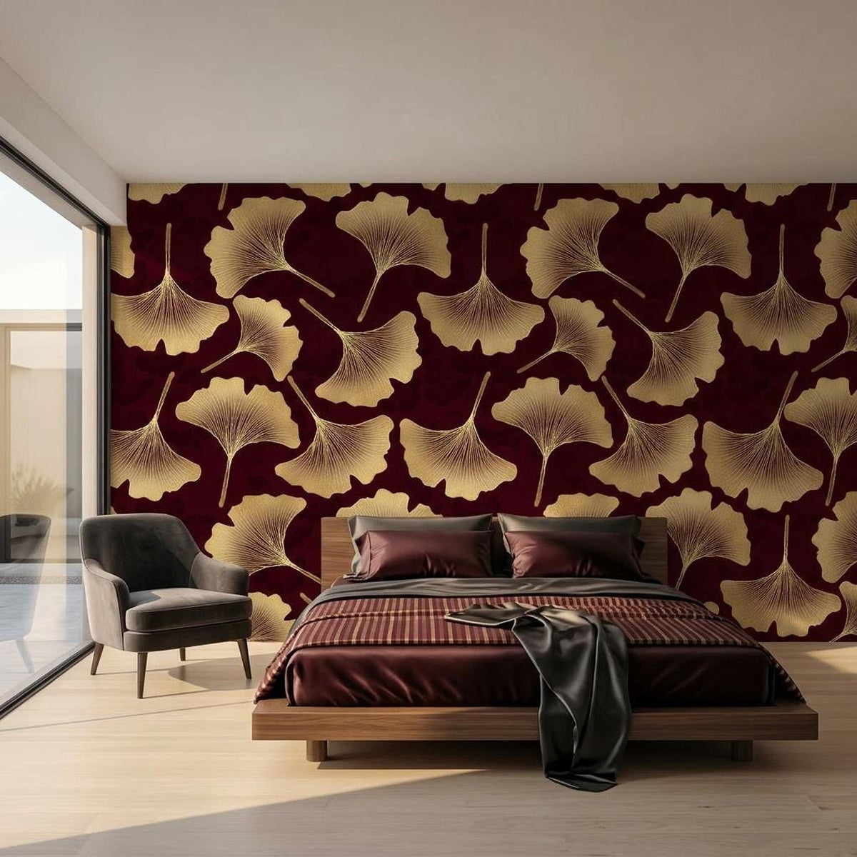Art Deco Ginkgo Leaf Wallpaper, Burgundy Gold Botanical Mural (Custom Size)