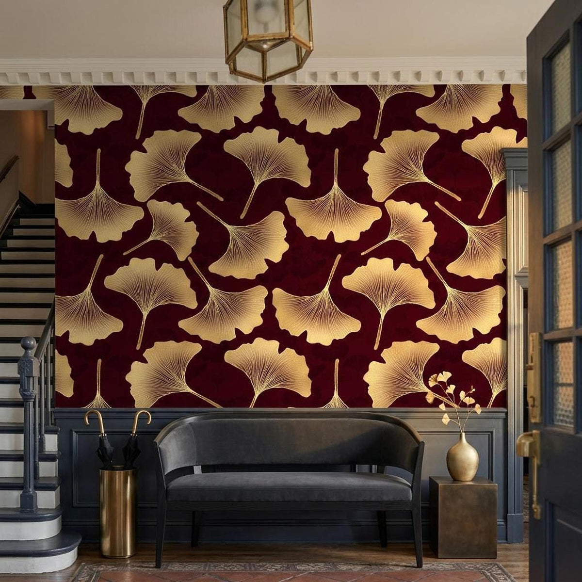 Art Deco Ginkgo Leaf Wallpaper, Burgundy Gold Botanical Mural (Custom Size)