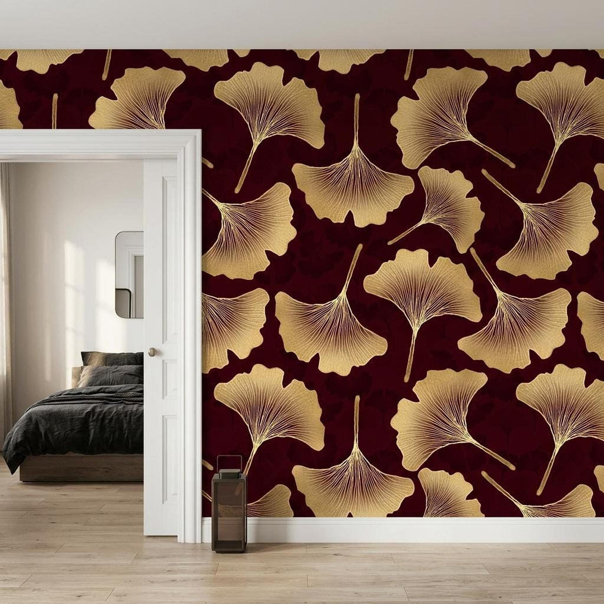Art Deco Ginkgo Leaf Wallpaper, Burgundy Gold Botanical Mural (Custom Size)