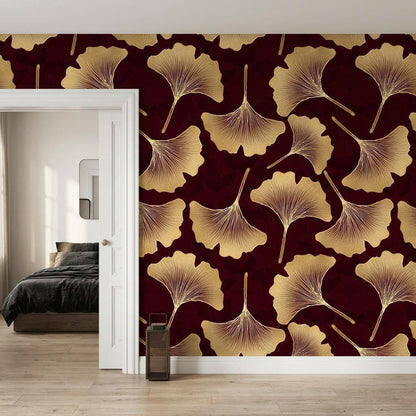 Art Deco Ginkgo Leaf Wallpaper, Burgundy Gold Botanical Mural (Custom Size)
