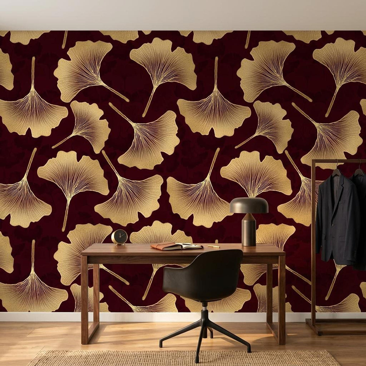 Art Deco Ginkgo Leaf Wallpaper, Burgundy Gold Botanical Mural (Custom Size)