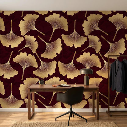 Art Deco Ginkgo Leaf Wallpaper, Burgundy Gold Botanical Mural (Custom Size)