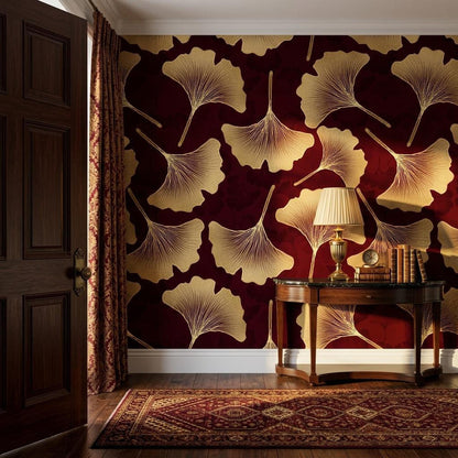 Art Deco Ginkgo Leaf Wallpaper, Burgundy Gold Botanical Mural (Custom Size)