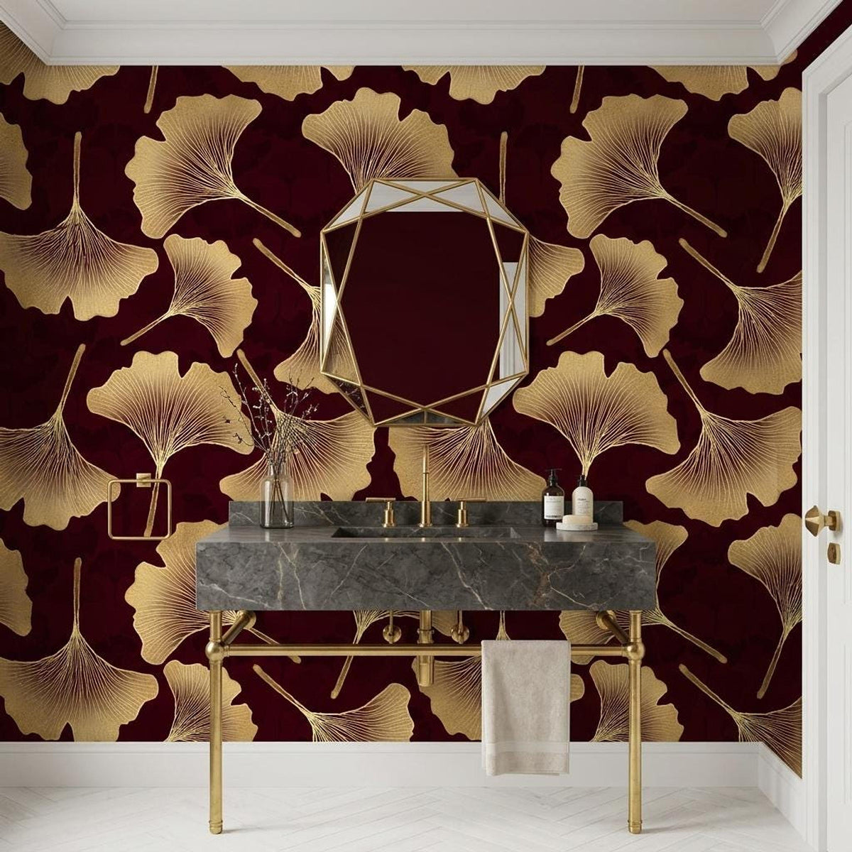 Art Deco Ginkgo Leaf Wallpaper, Burgundy Gold Botanical Mural (Custom Size)