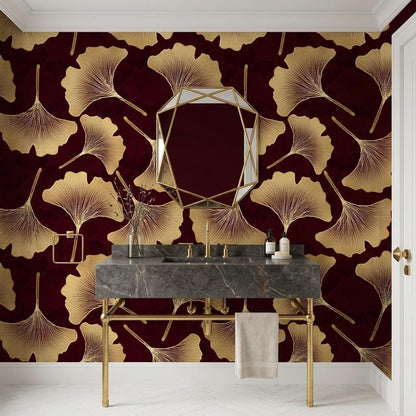 Art Deco Ginkgo Leaf Wallpaper, Burgundy Gold Botanical Mural (Custom Size)