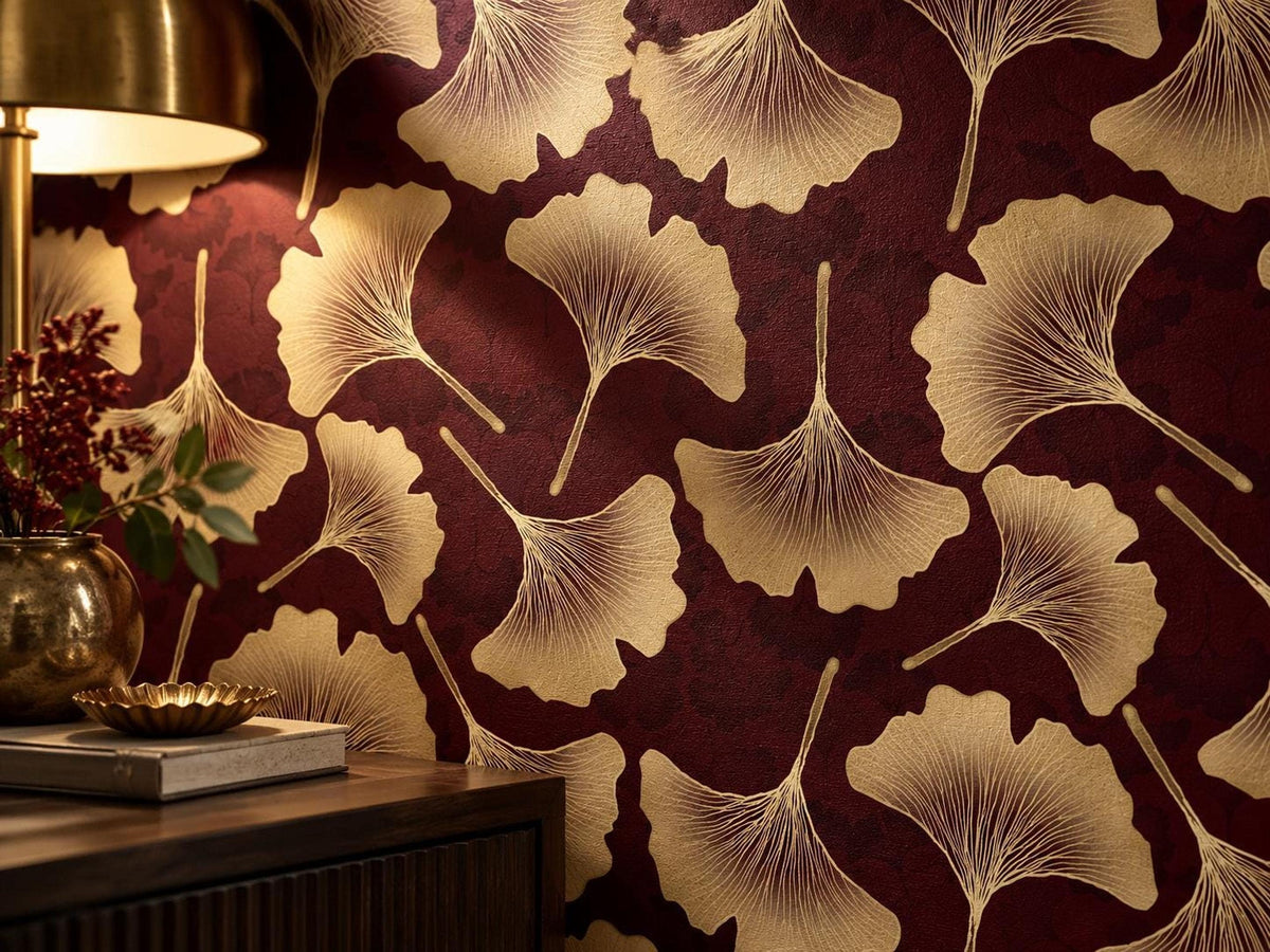 Art Deco Ginkgo Leaf Wallpaper, Burgundy Gold Botanical Mural (Custom Size)
