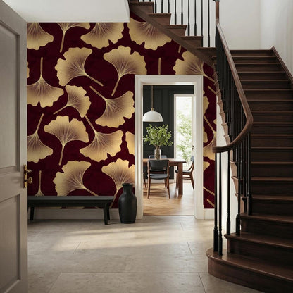 Art Deco Ginkgo Leaf Wallpaper, Burgundy Gold Botanical Mural (Custom Size)