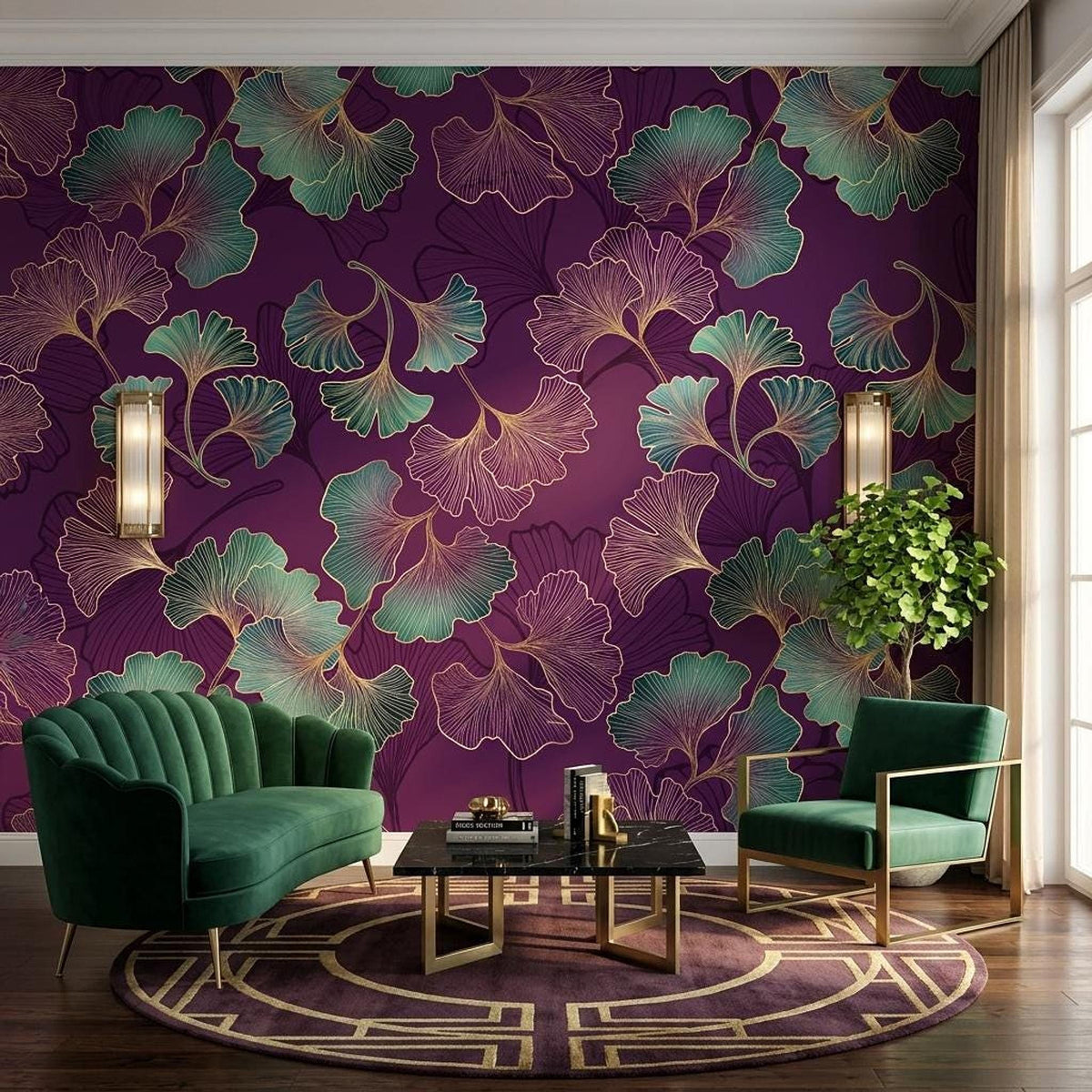Art Deco Ginkgo Leaf Wallpaper, Purple Floral Mural, Bohemian Wall Decor (Peel and Stick)