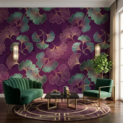 Art Deco Ginkgo Leaf Wallpaper, Purple Floral Mural, Bohemian Wall Decor (Peel and Stick)