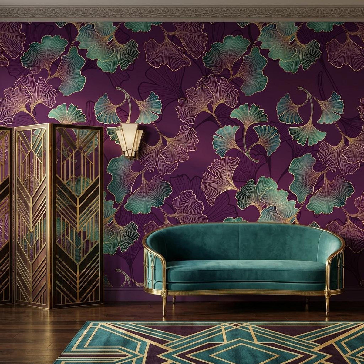 Art Deco Ginkgo Leaf Wallpaper, Purple Floral Mural, Bohemian Wall Decor (Peel and Stick)