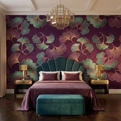Art Deco Ginkgo Leaf Wallpaper, Purple Floral Mural, Bohemian Wall Decor (Peel and Stick)