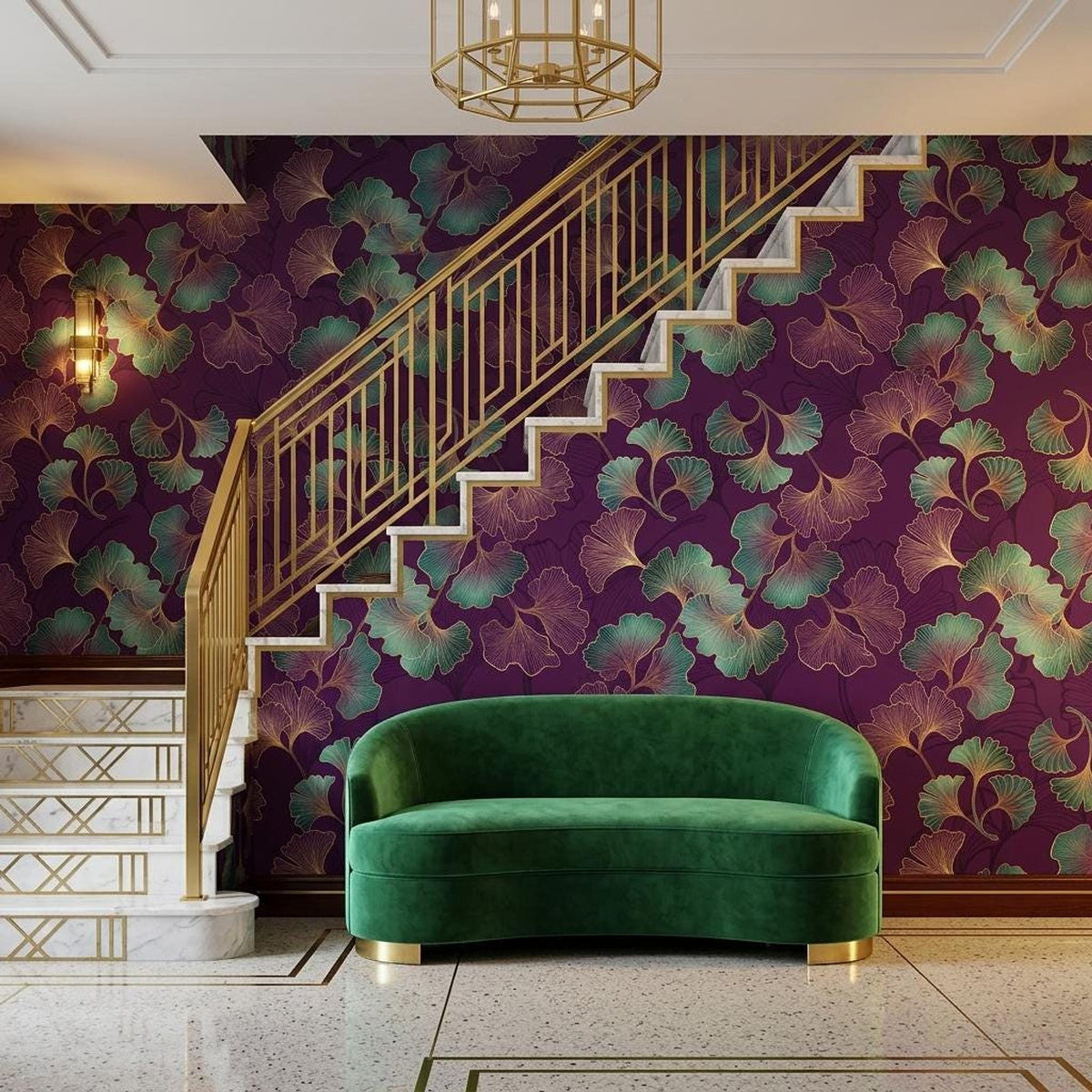 Art Deco Ginkgo Leaf Wallpaper, Purple Floral Mural, Bohemian Wall Decor (Peel and Stick)