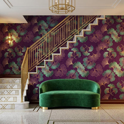 Art Deco Ginkgo Leaf Wallpaper, Purple Floral Mural, Bohemian Wall Decor (Peel and Stick)