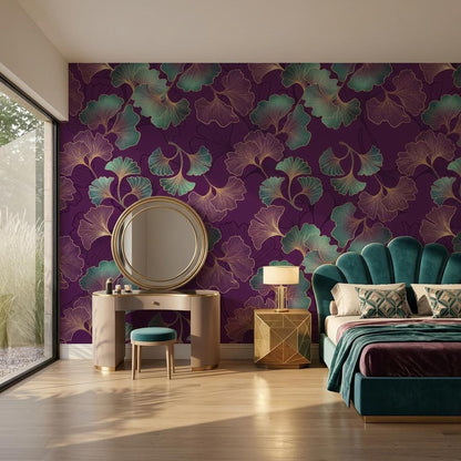 Art Deco Ginkgo Leaf Wallpaper, Purple Floral Mural, Bohemian Wall Decor (Peel and Stick)
