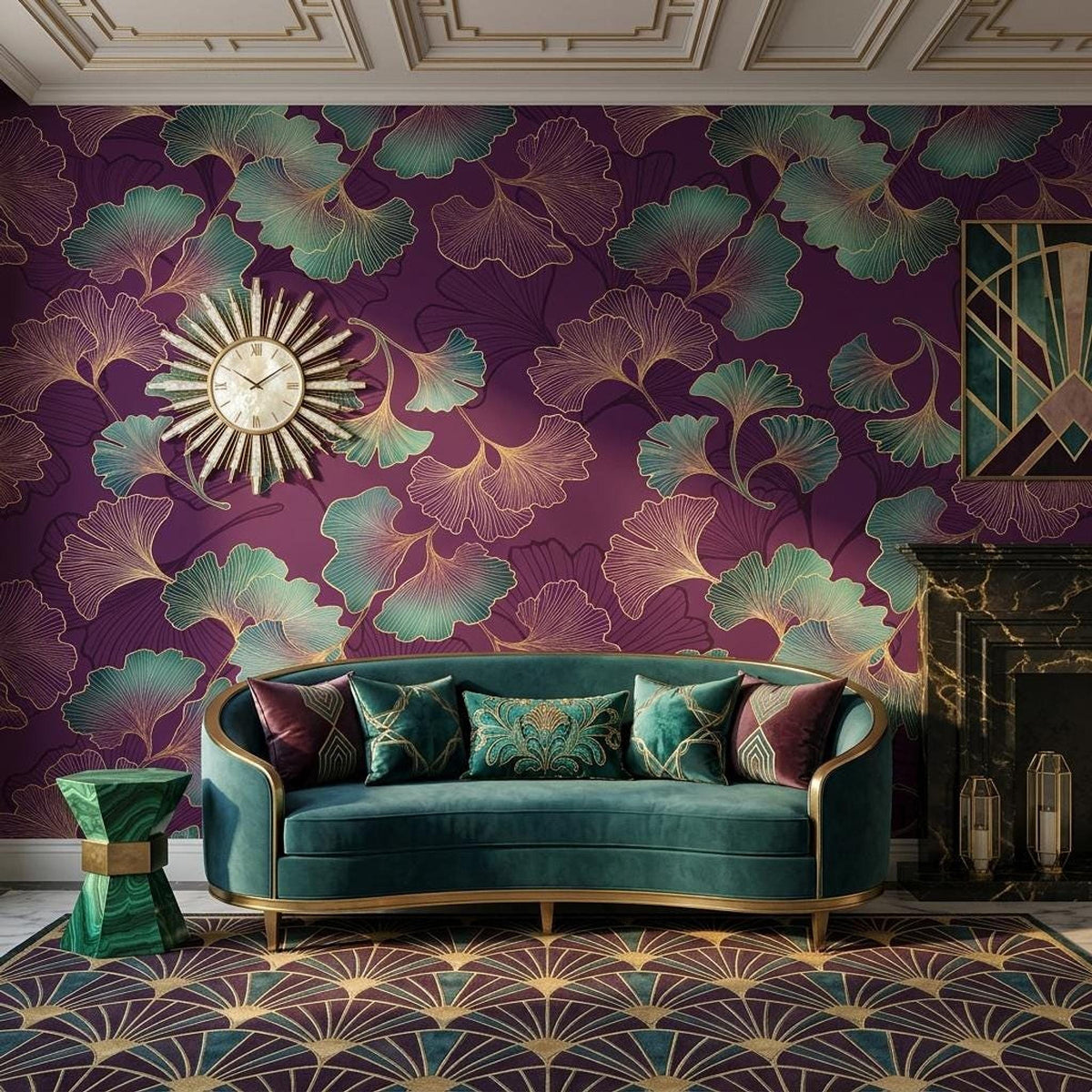 Art Deco Ginkgo Leaf Wallpaper, Purple Floral Mural, Bohemian Wall Decor (Peel and Stick)