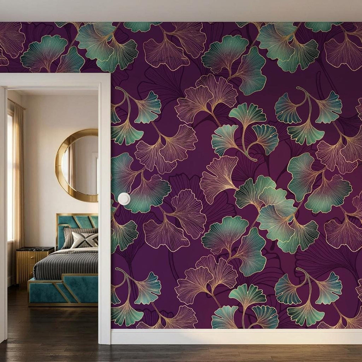 Art Deco Ginkgo Leaf Wallpaper, Purple Floral Mural, Bohemian Wall Decor (Peel and Stick)