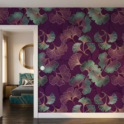 Art Deco Ginkgo Leaf Wallpaper, Purple Floral Mural, Bohemian Wall Decor (Peel and Stick)