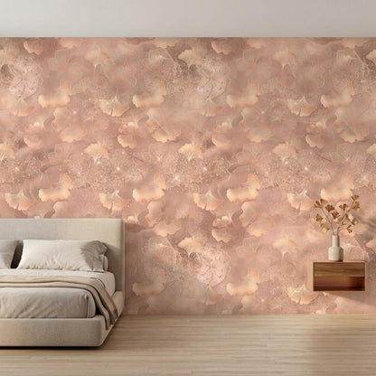 Dusty Rose Ginkgo Leaf Wallpaper, Shimmer Botanical Mural, Modern Bedroom Decor