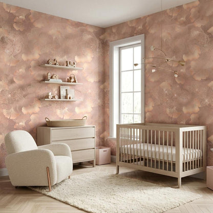 Dusty Rose Ginkgo Leaf Wallpaper, Shimmer Botanical Mural, Modern Bedroom Decor