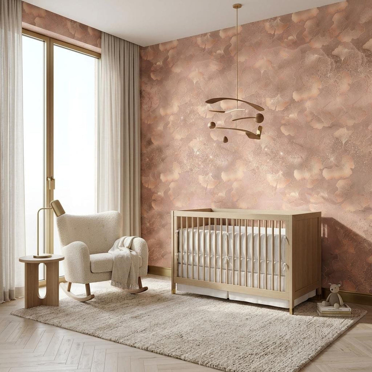 Dusty Rose Ginkgo Leaf Wallpaper, Shimmer Botanical Mural, Modern Bedroom Decor