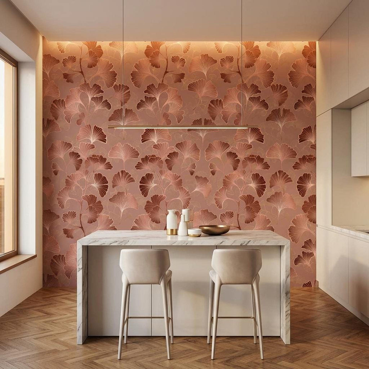 Art Deco Ginkgo Leaf Wallpaper Rose Gold, Japandi Botanical Mural, Mid Century Modern Wall Decor, Peel and Stick Removable Wallpaper