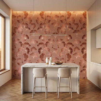 Art Deco Ginkgo Leaf Wallpaper Rose Gold, Japandi Botanical Mural, Mid Century Modern Wall Decor, Peel and Stick Removable Wallpaper