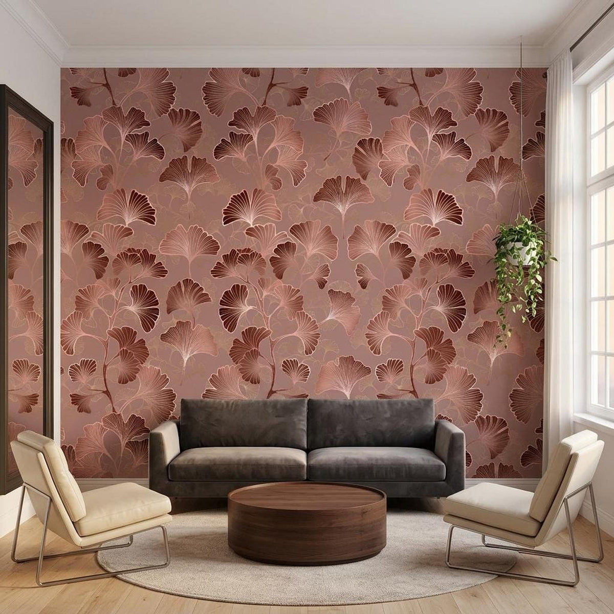 Art Deco Ginkgo Leaf Wallpaper Rose Gold, Japandi Botanical Mural, Mid Century Modern Wall Decor, Peel and Stick Removable Wallpaper